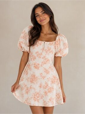 B. Original by Shoe Fly Floral Puff Sleeve‎ Tie Back Mini Dress Small